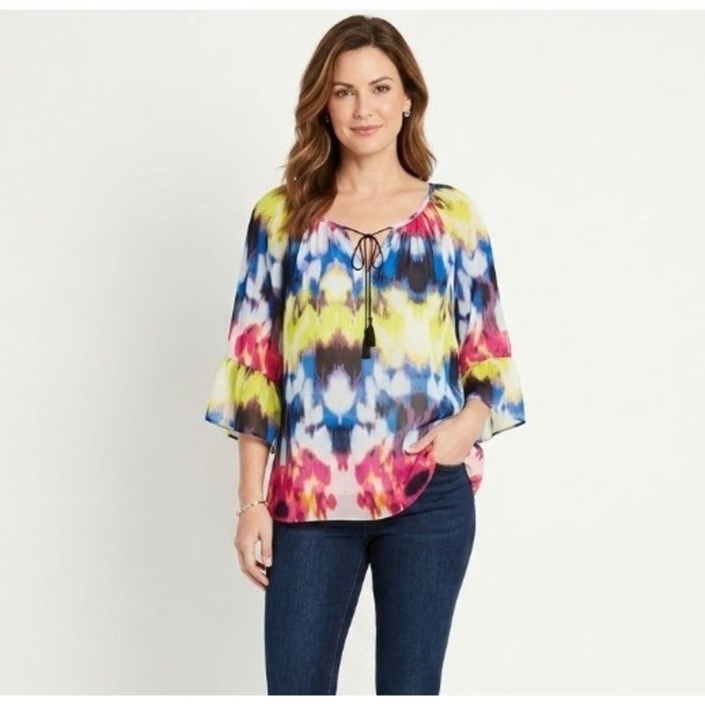 Milly Blouse size XL Pink Multi Abstract Ikat Tassel Tie‎ Bell Sleeve Vacation